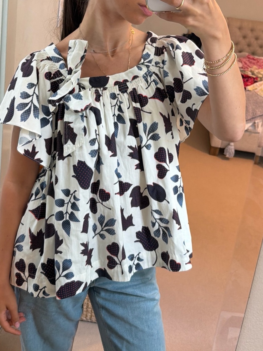 Warm White Floral Ruffle Square-Neck Top